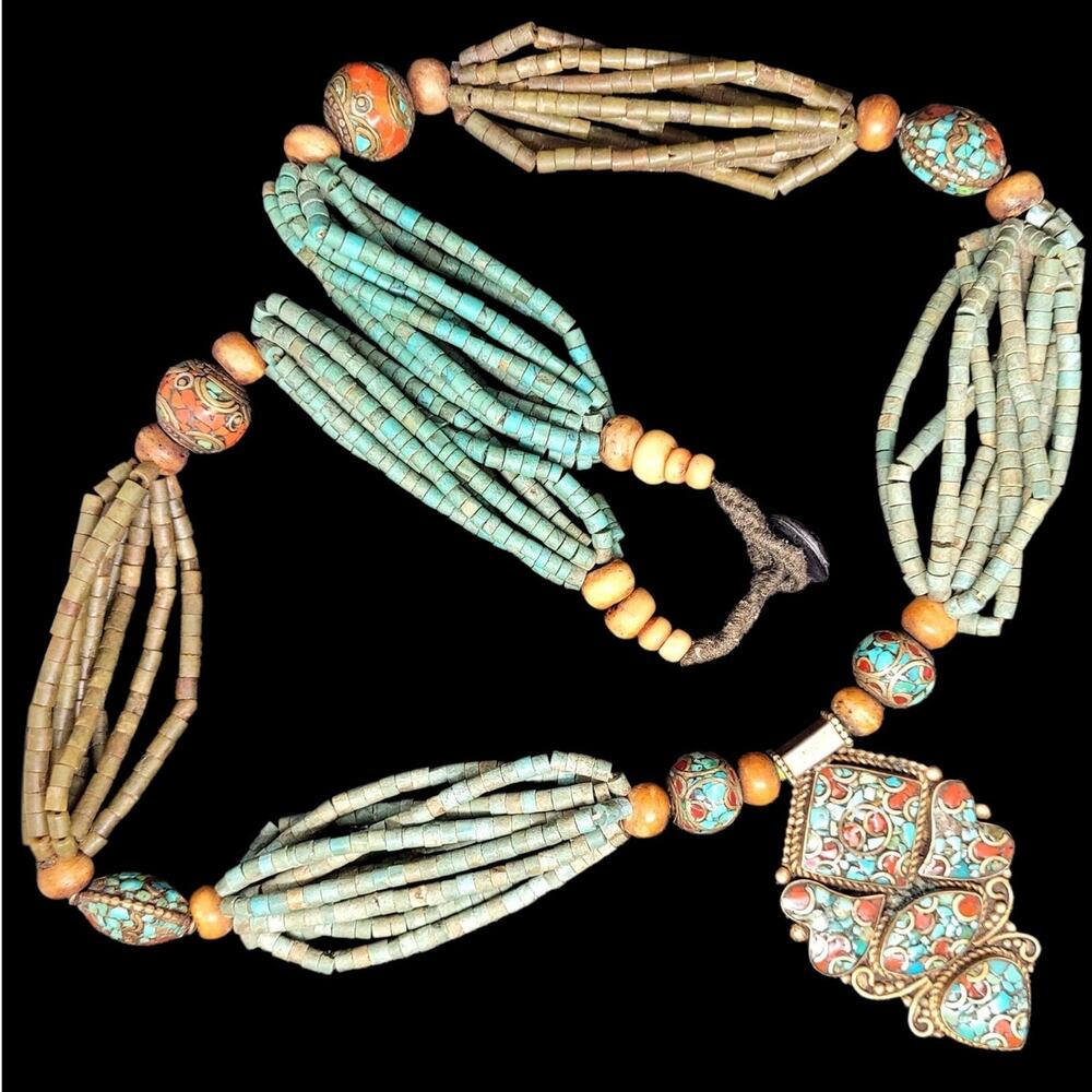 Traditional‎ Moroccan Berber Beaded Necklace with Turquoise and Coral Accents